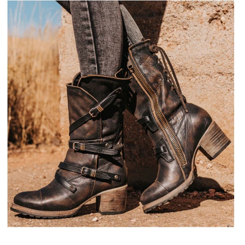 Freebird Cora Black Leather Combat Boots 12